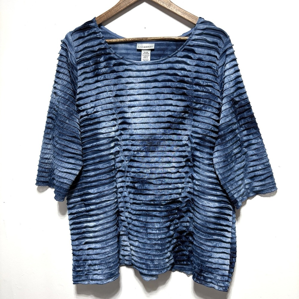 Catherines Blouse Womens 14 16 Blue Layered Textured Stretch Tunic Short Sleeve